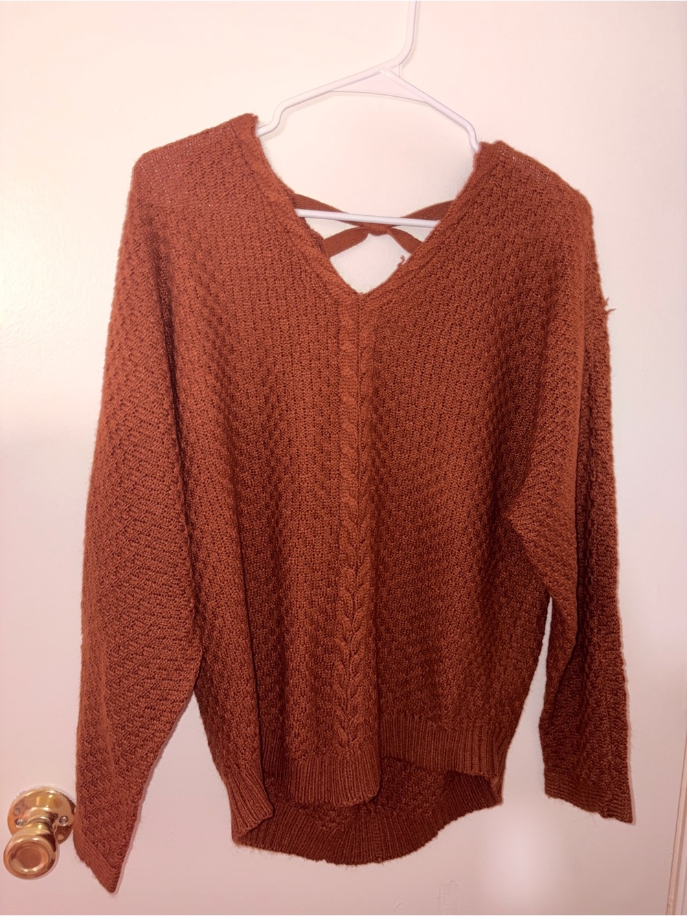 Rust V-Neck Cable Detail Sweater